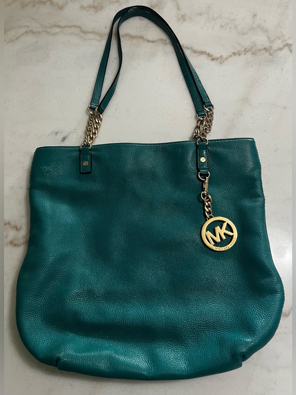Michael Kors Teal Blue Pebbled Leather Gold Hardware Bucket Bag